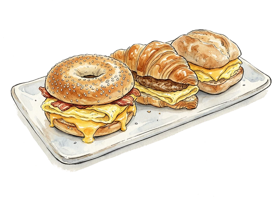Watercolor of three breakfast sandwiches on a platter