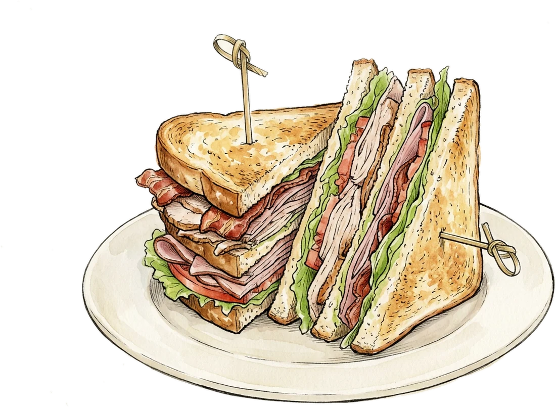 Watercolor of a club sandwich on a plate, cut and stacked