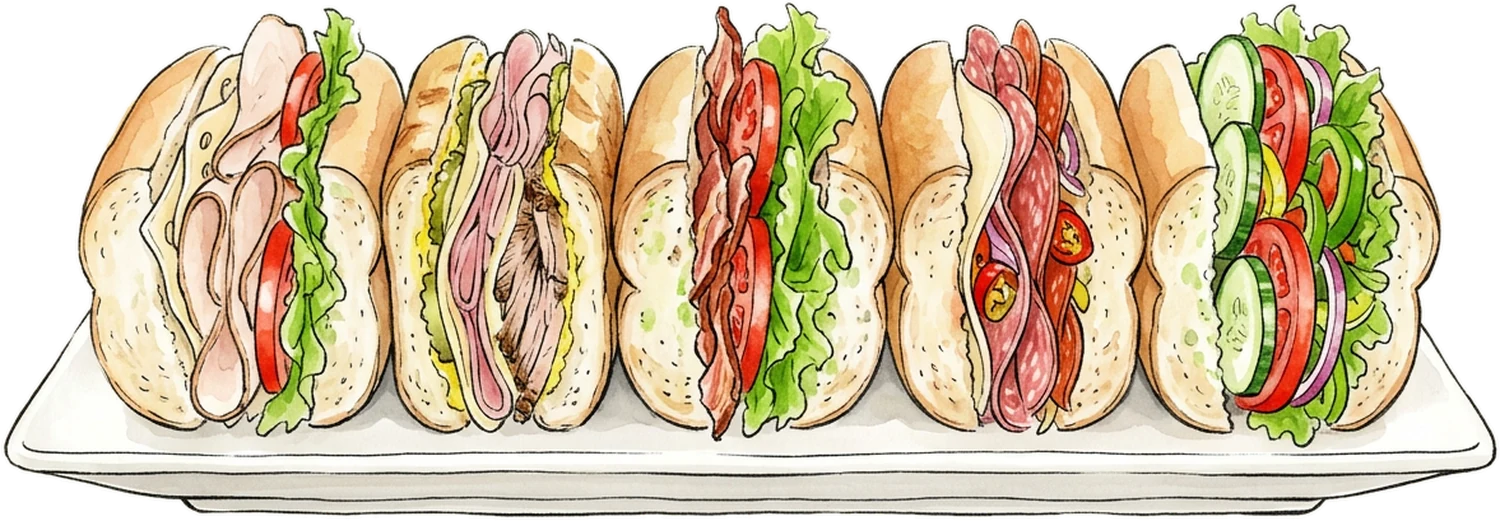 Watercolor of five cold cut subs on a long platter