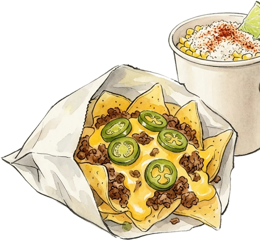 Watercolor of walking nachos in a bag and an elote cup