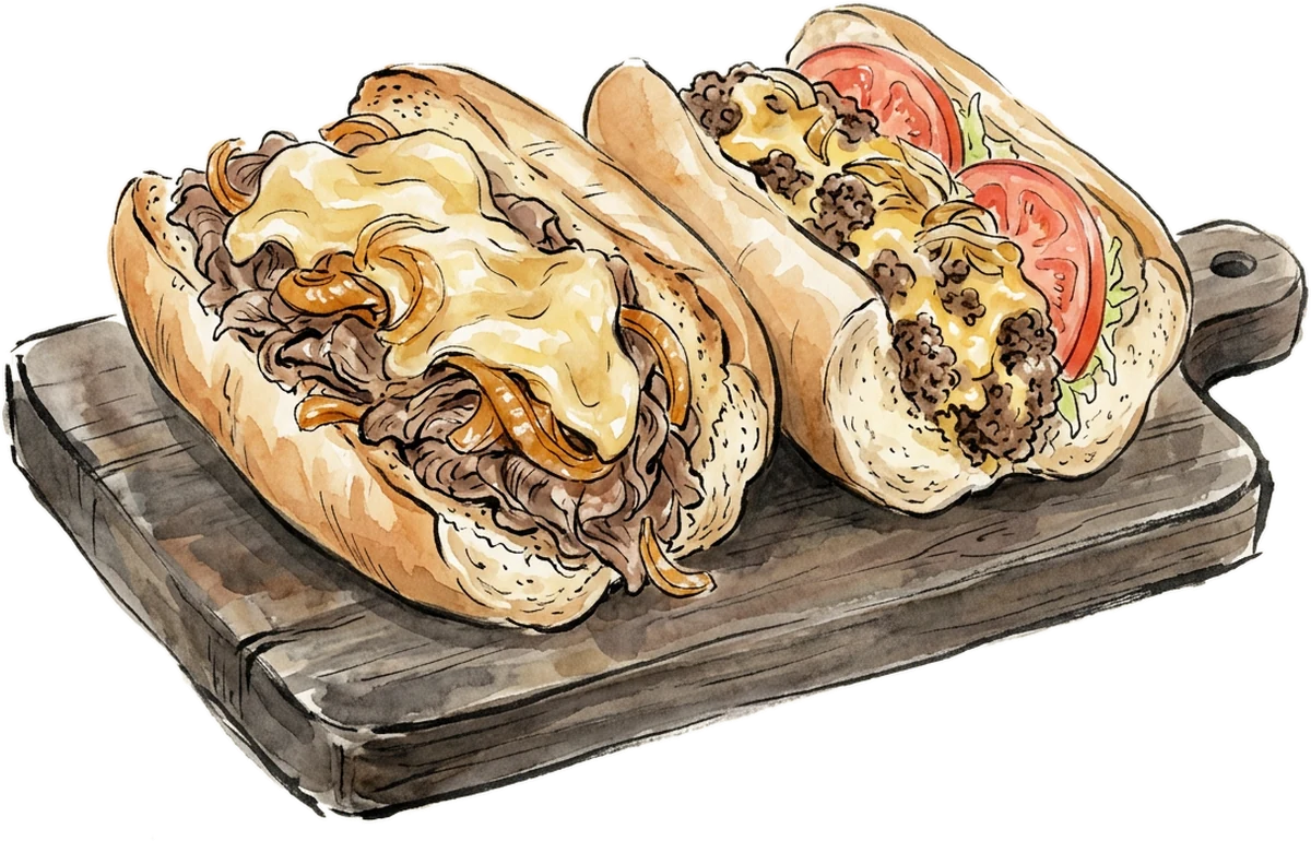 Watercolor of two steaks on a cutting board, cheese melted over the roll